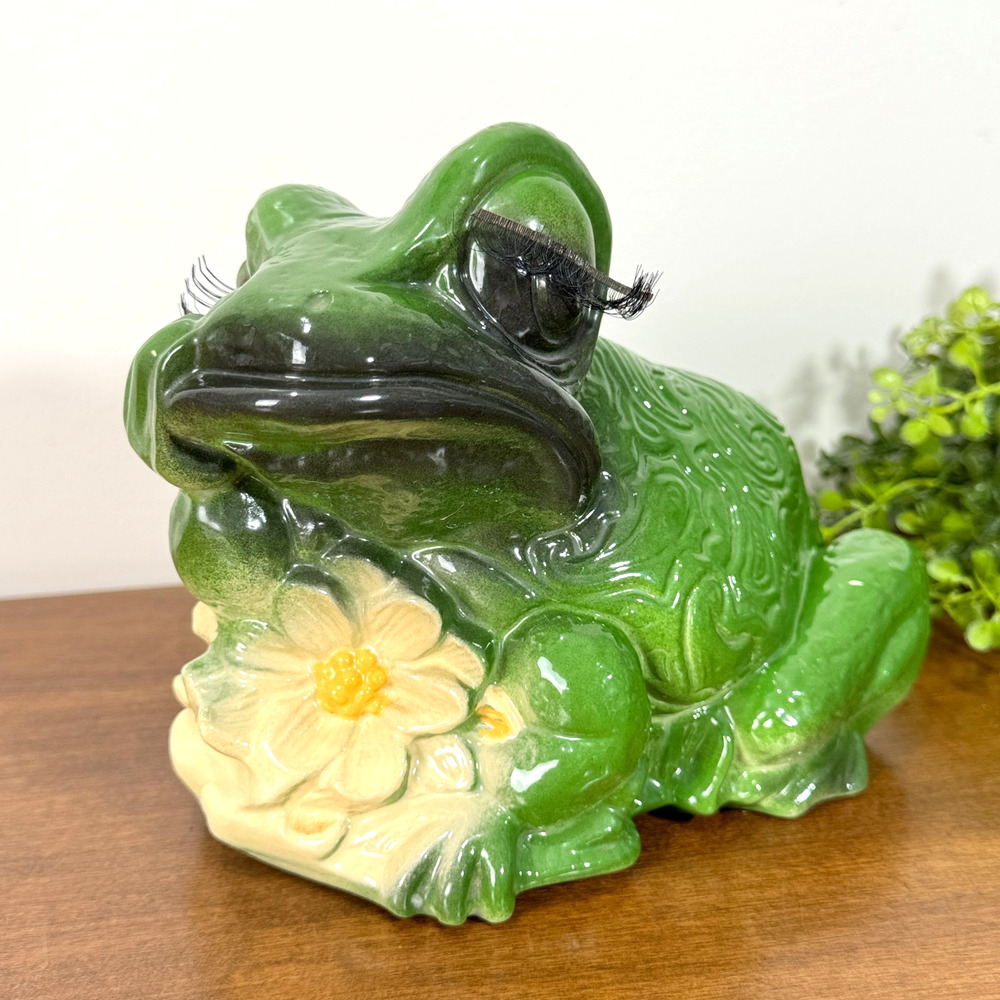 Vintage Frog Garden Ornament Painted Glaze Figurine Whimsical Eyelashes Ceramic
